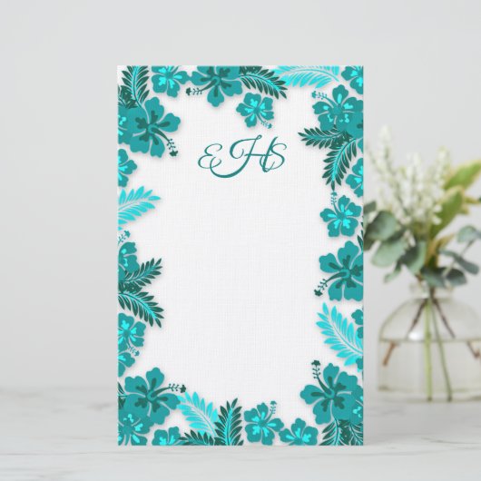 Blauwgroen Aqua Hibiscus Border Monogrammed Blank  Briefpapier (Staand voorkant)