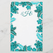 Blauwgroen Aqua Hibiscus Border Monogrammed Blank  Briefpapier (Voorkant)