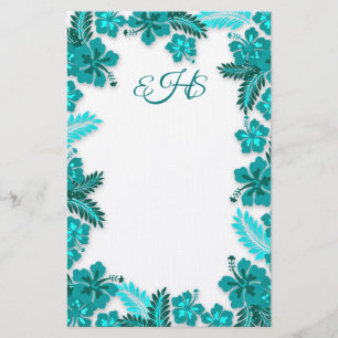 Blauwgroen Aqua Hibiscus Border Monogrammed Blank  Briefpapier