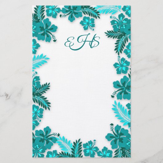 Blauwgroen Aqua Hibiscus Border Monogrammed Blank  Briefpapier (Voorkant)