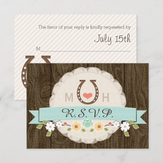 BLAUWGROEN AQUA HOEFIJZER WESTERNE WEDDING RSVP-KA RSVP KAARTJE (Voorkant / Achterkant)