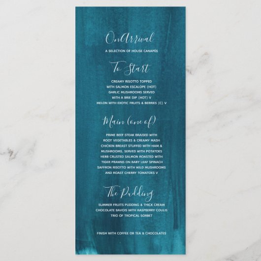 Blauwgroen aqua modern gegraded art bruiloft menu (Achterkant)