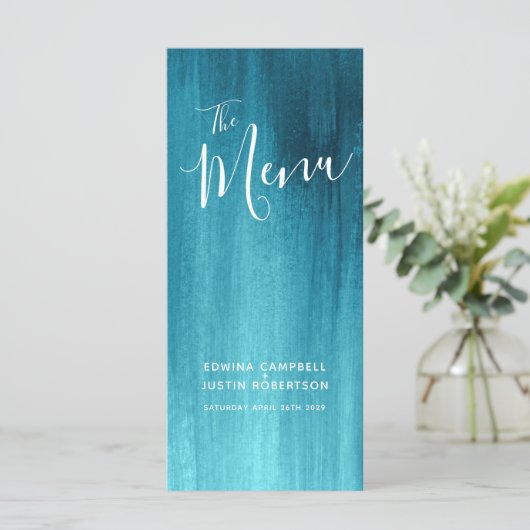 Blauwgroen aqua modern gegraded art bruiloft menu (Staand voorkant)
