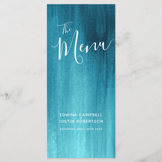 Blauwgroen aqua modern gegraded art bruiloft menu (Voorkant)