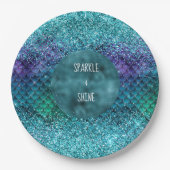 Blauwgroen Aqua Paarse Mermaid Sparkle Glitter Papieren Bordje (Voorkant)