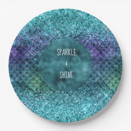 Blauwgroen Aqua Paarse Mermaid Sparkle Glitter Papieren Bordje
