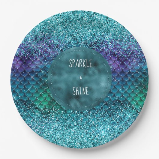 Blauwgroen Aqua Paarse Mermaid Sparkle Glitter Papieren Bordje (Voorkant)