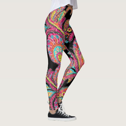 Blauwgroen Aqua Pink Yellow Abstract Paisley Patte Leggings (Rechts)