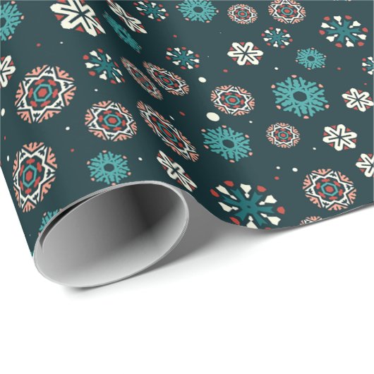  Blauwgroen Aqua Red White Scandinavian Snowflakes Cadeaupapier (Rol Hoek)