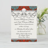 blauwgroen aqua rood wit henna damask kaart (Staand voorkant)