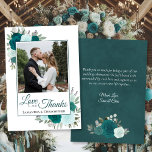 Blauwgroen & Aqua Rozen Liefde Bedankt bruiloft Fo<br><div class="desc">Deze prachtige rustieke boho chique bruiloft bedankkaarten zijn voorzien van uw foto in omgeven door met de hand beschilderde blauwgroen, aqua en turquoise gekleurde rozen, samen met eucalyptusbladeren en groen verspreid over. Het bijschrift luidt: Liefde en Bedankt, met je namen hieronder. De achterkant heeft ruimte voor een korte notitie en...</div>