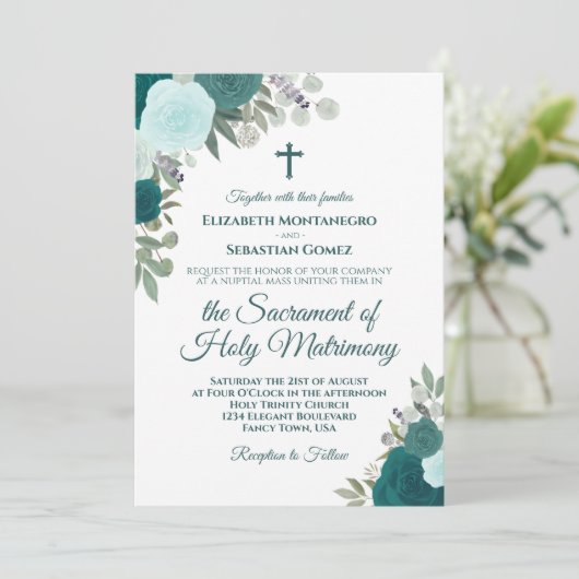 Blauwgroen & Aqua Rozen Modern Katholiek Huwelijk Kaart (Staand voorkant)