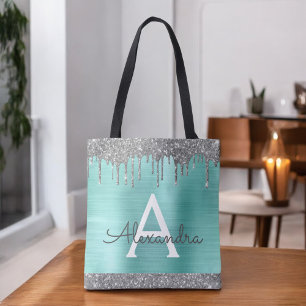 Blauwgroen Aqua Silver Glitter Sparkle Elegant Mon Tote Bag