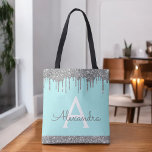 Blauwgroen Aqua Silver Glitter Sparkle Elegant Mon Tote Bag<br><div class="desc">Luxe zilveren en Blauwgroen Aqua Blue Faux Sparkle en Glitter Elegant Monogram Boekentas. Deze boekentas kan worden aangepast om uw initiaal en voornaam op te nemen en als cadeau te geven voor kerst,  lieve 16-verjaardag,  Vrijgezellenfeest of een bruiloft.</div>