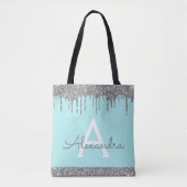 Blauwgroen Aqua Silver Glitter Sparkle Elegant Mon Tote Bag (Voorkant)