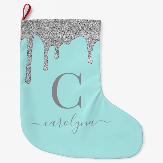 Blauwgroen Aqua Silver Sparkle Glitter Drift Monog Grote Kerstsok (Voorkant)