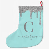 Blauwgroen Aqua Silver Sparkle Glitter Drift Monog Grote Kerstsok (Achterkant)