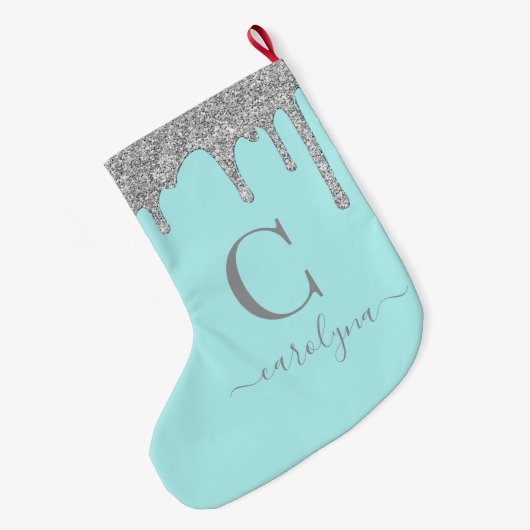 Blauwgroen Aqua Silver Sparkle Glitter Drift Monog Grote Kerstsok (Achterkant (Hangend))