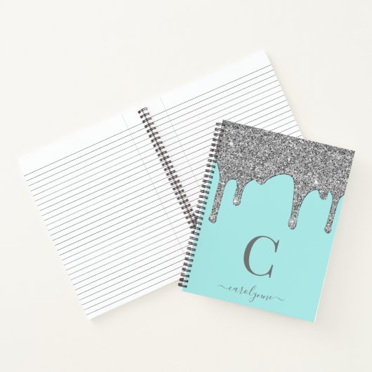 Blauwgroen Aqua Silver Sparkle Glitter Drift Monog Notitieboek (Binnen)