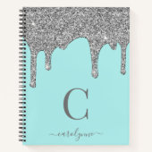 Blauwgroen Aqua Silver Sparkle Glitter Drift Monog Notitieboek (Voorkant)
