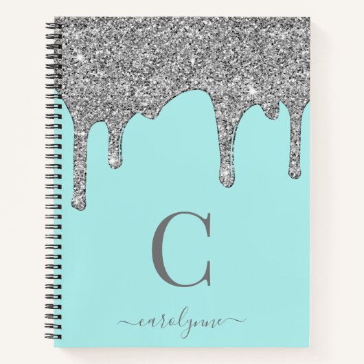 Blauwgroen Aqua Silver Sparkle Glitter Drift Monog Notitieboek (Voorkant)