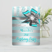 Blauwgroen Aqua Silver Stripe Bow Pearl Birthday P Kaart (Staand voorkant)