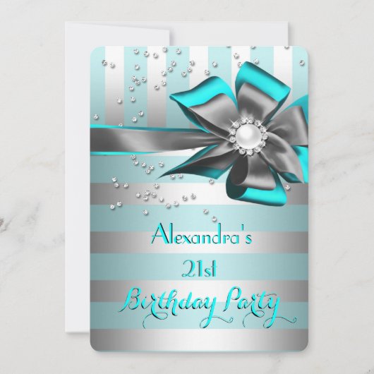 Blauwgroen Aqua Silver Stripe Bow Pearl Birthday P Kaart (Voorkant)