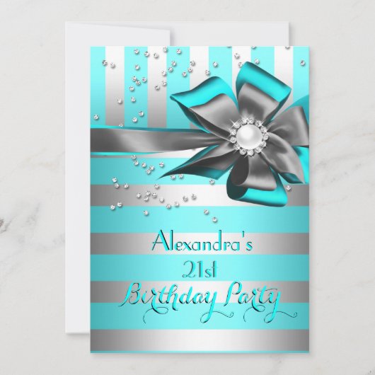 Blauwgroen Aqua Silver Stripe Bow Pearl Birthday P Kaart (Voorkant)