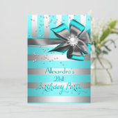 Blauwgroen Aqua Silver Stripe Bow Pearl Birthday P Kaart (Staand voorkant)