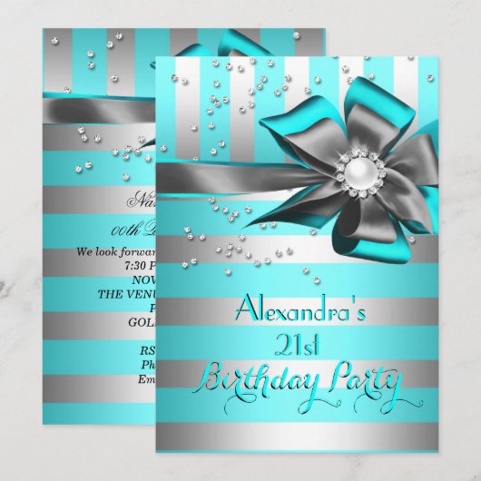 Blauwgroen Aqua Silver Stripe Bow Pearl Birthday P Kaart (Voorkant / Achterkant)