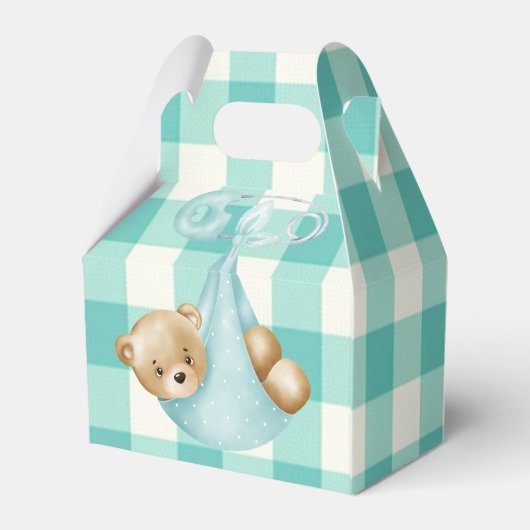 Blauwgroen Aqua Teddy Bear Luier Gingham Baby show Bedankdoosjes (Achterkant)