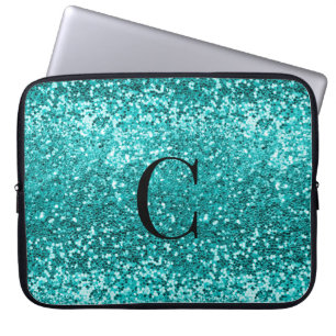 Blauwgroen Aqua Turquoise Glitter Sparkle Monogram Laptop Sleeve