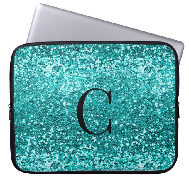 Blauwgroen Aqua Turquoise Glitter Sparkle Monogram Laptop Sleeve (Voorkant)