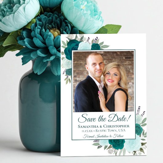 Blauwgroen & Aqua Waterverf Boho Rozen & Fotobruil Save The Date