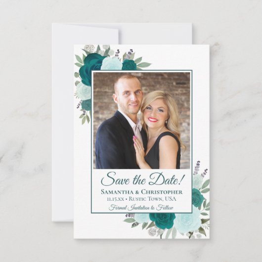 Blauwgroen & Aqua Waterverf Boho Rozen & Fotobruil Save The Date (Voorkant)