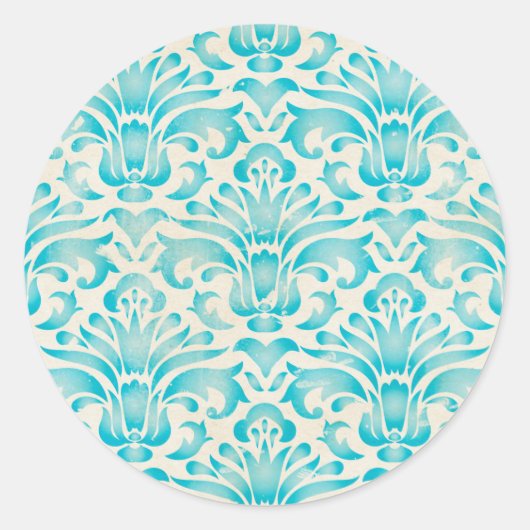 Blauwgroen Aqua Waterverf Damask Ombre Blue Print Ronde Sticker (Voorkant)