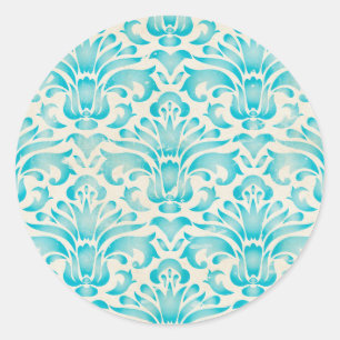 Blauwgroen Aqua Waterverf Damask Ombre Blue Print Ronde Sticker