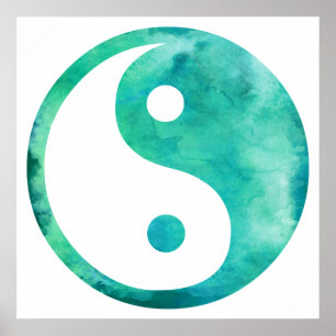 Blauwgroen Aqua Waterverf Yin Yang Taoism Balans Poster