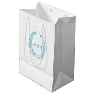 Blauwgroen aqua white leaf oval monogram bruiloft medium cadeauzakje