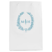 Blauwgroen aqua wit blad ovale krans monogram brui medium cadeauzakje (Voorkant)