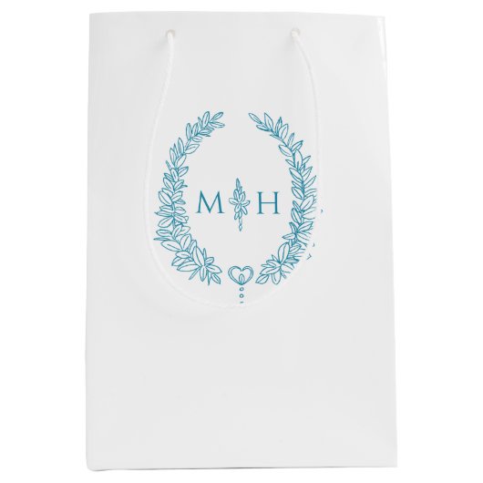 Blauwgroen aqua wit blad ovale krans monogram brui medium cadeauzakje (Voorkant)