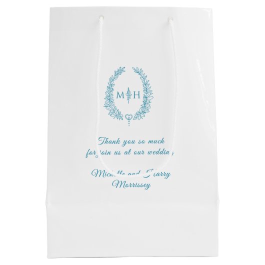 Blauwgroen aqua wit blad ovale krans monogram brui medium cadeauzakje (Achterkant)