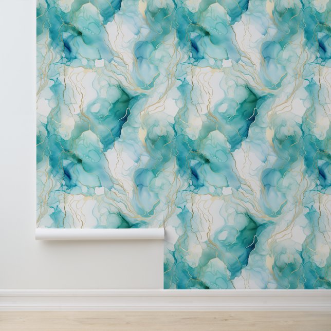 Blauwgroen Aqua Wit Goud Marmer Behang (Applicatie)