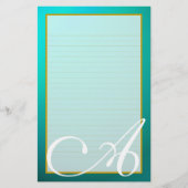 Blauwgroen aquamarijnmonogram fijn gevoerd briefpa briefpapier (Voorkant)