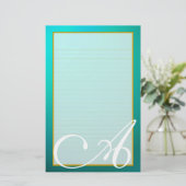 Blauwgroen aquamarijnmonogram fijn gevoerd briefpa briefpapier (Staand voorkant)
