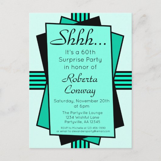 Blauwgroen Art Deco 60th Surprise Party Birthday Uitnodiging Briefkaart (Voorkant)