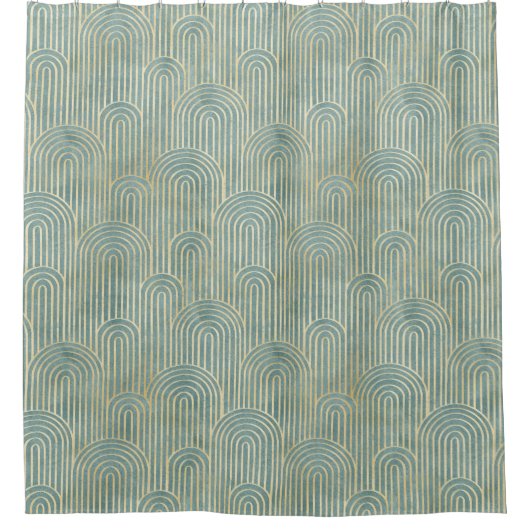 blauwgroen, art deco, ventilatorpatroon, blauwgroe douchegordijn (Voorkant)