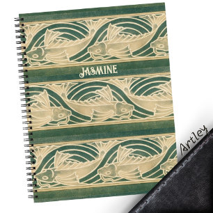 Blauwgroen Art Nouveau Vis in Golven Custom Name Notitieboek