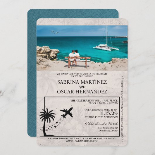 Blauwgroen Aruba Paspoort bruiloft uitnodiging (Voorkant / Achterkant)