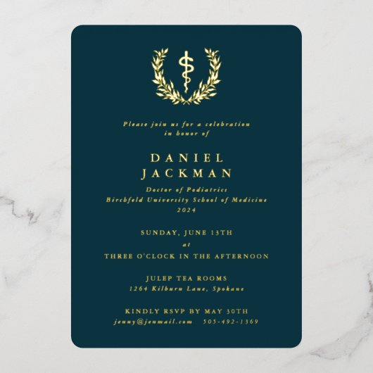 Blauwgroen Asclepius Medical School Afstuderen Folie Uitnodiging (Voorkant)